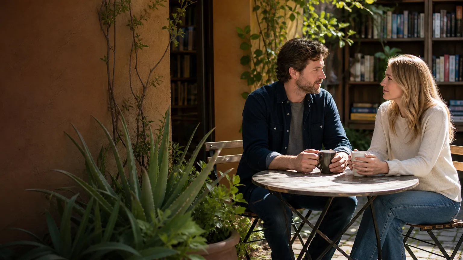 A California couple talking over coffee in a bookstore courtyard