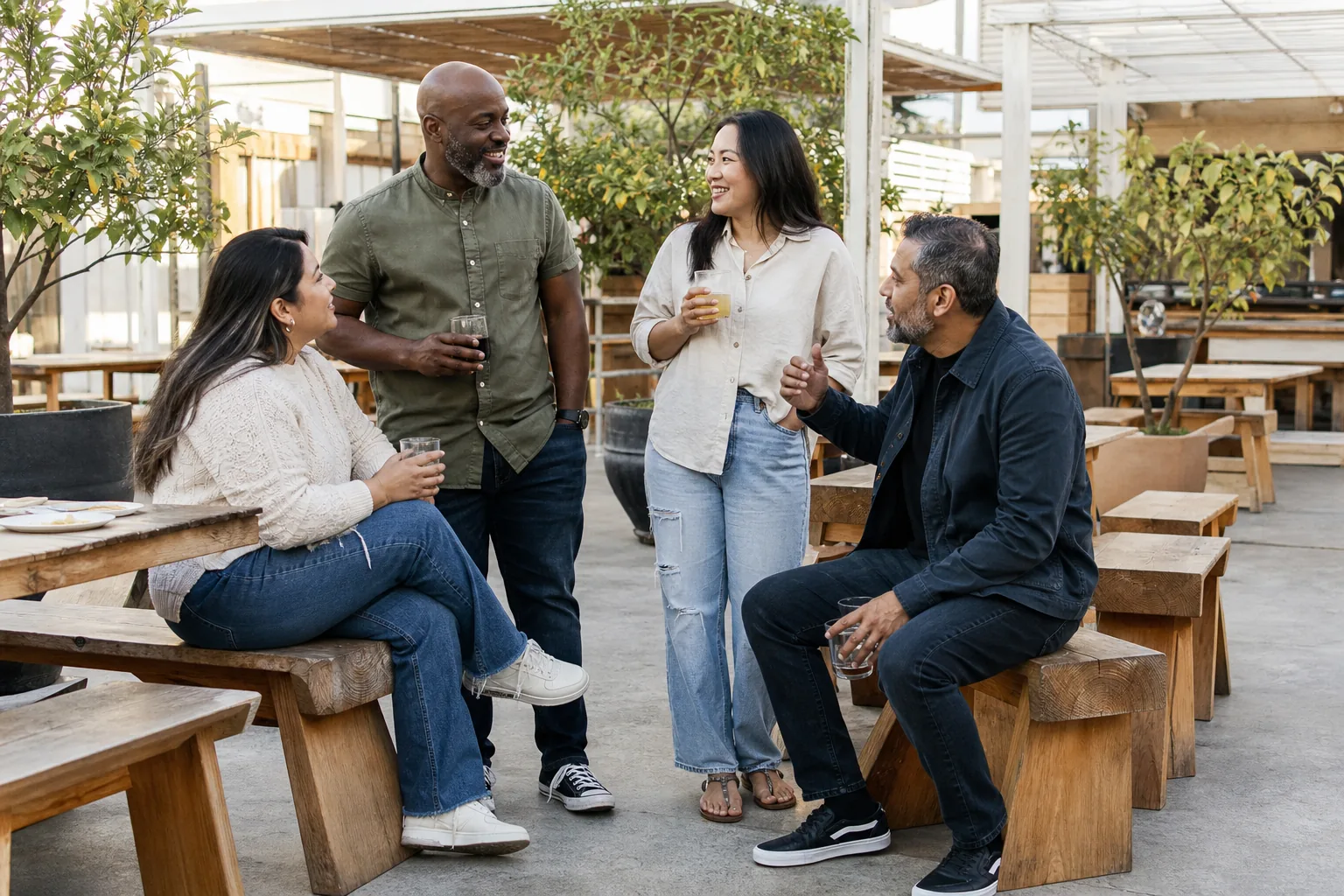 California adults having a relaxed conversation in an open-air social space