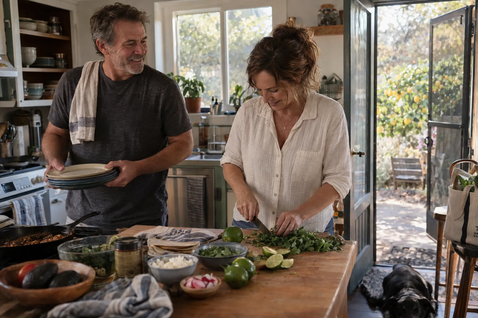 A California couple over 40 making a casual dinner together in a lived-in bungalow kitchen