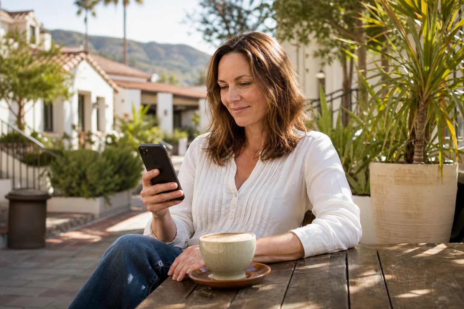 A California woman writing a first dating message on her phone at a sunny cafe