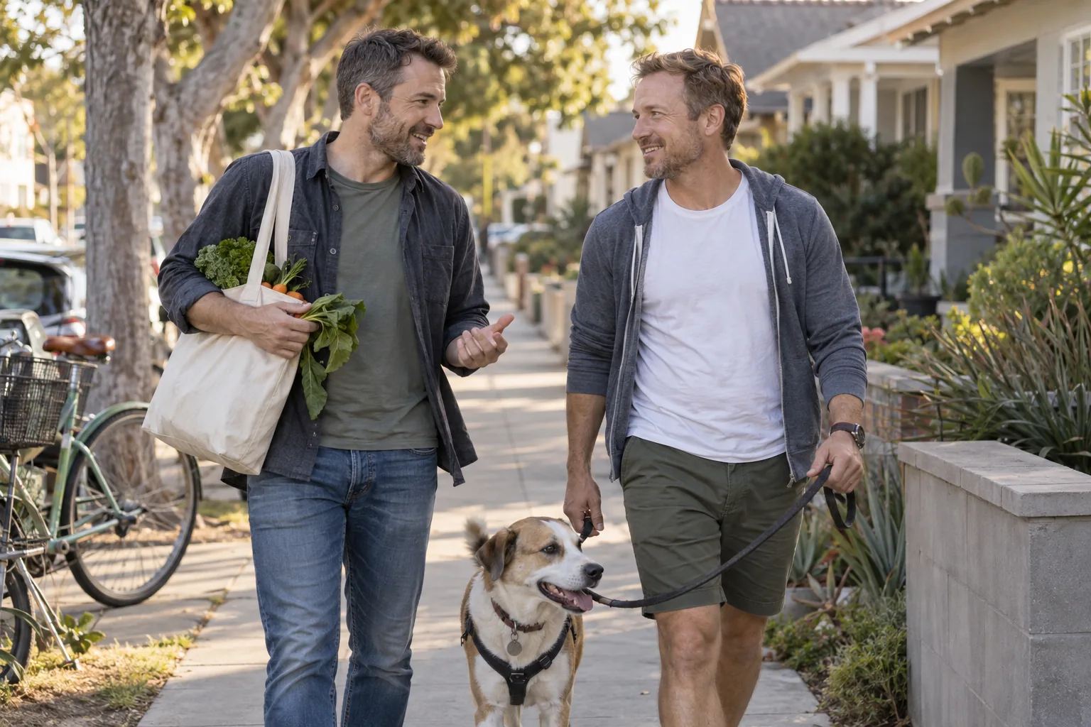 Two men walking a rescue dog and carrying farmers market groceries through a Long Beach neighborhood