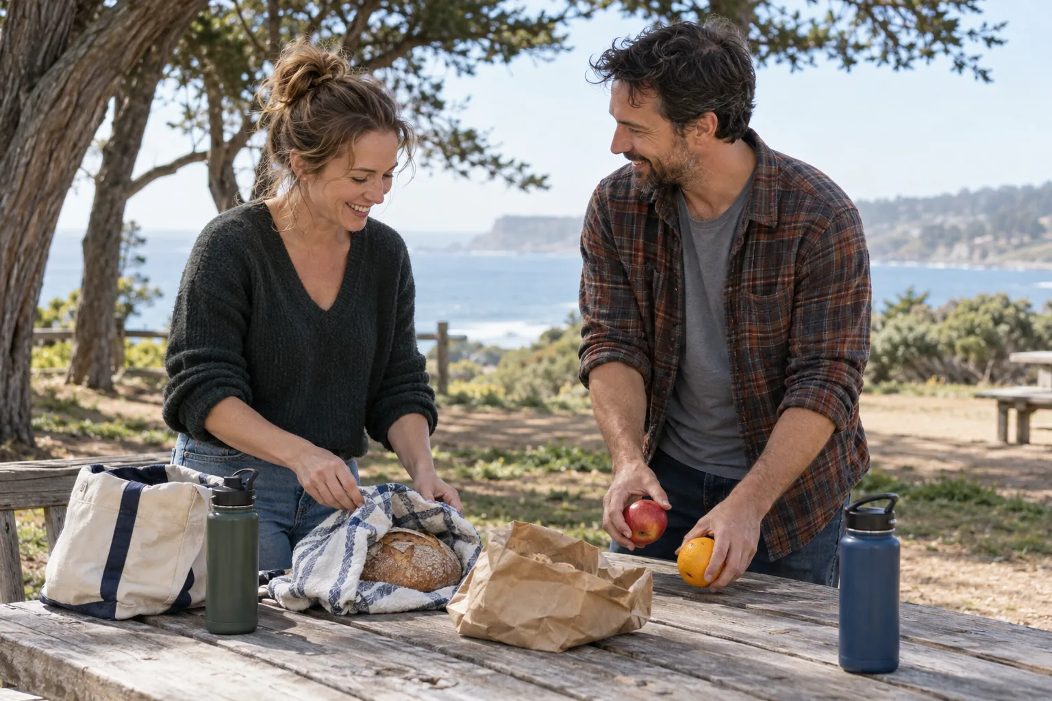 Two adults unpacking a simple picnic lunch together at a California coastal park
