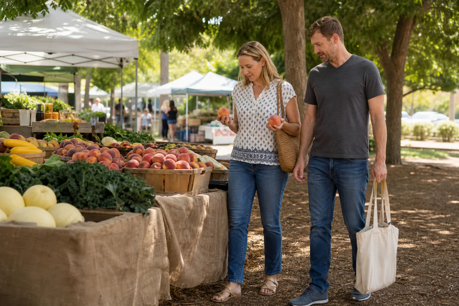 Two adults browsing a Central Valley farmers market near Fresno