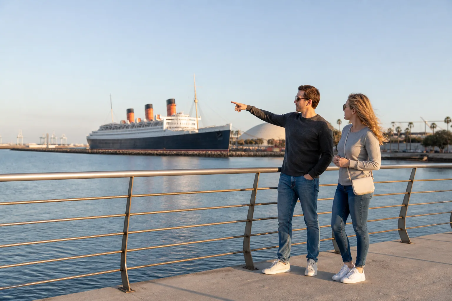 Two adults at the Long Beach waterfront with the Queen Mary behind them