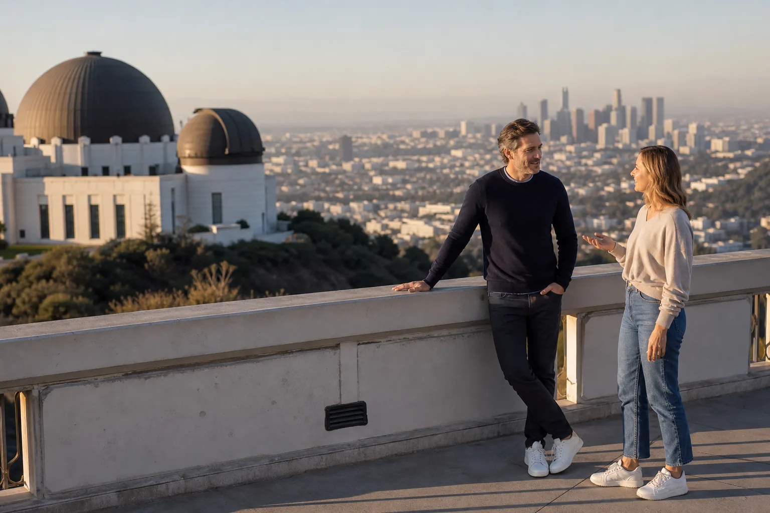 Two adults talking near the Griffith Observatory overlook in Los Angeles