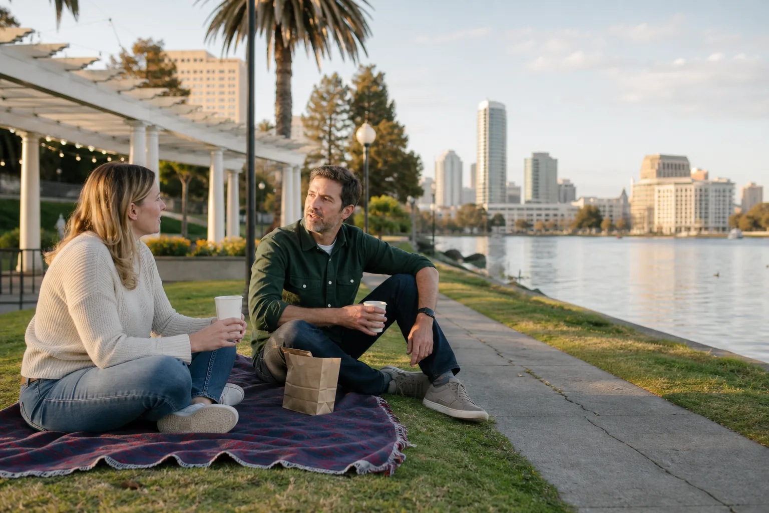 Two adults sharing a casual picnic beside Lake Merritt in Oakland