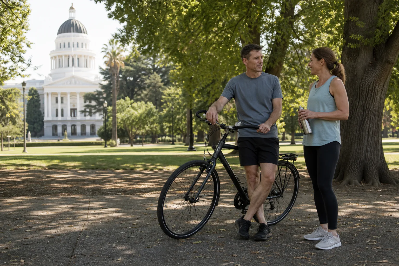 Two adults resting with a bicycle in Sacramento Capitol Park