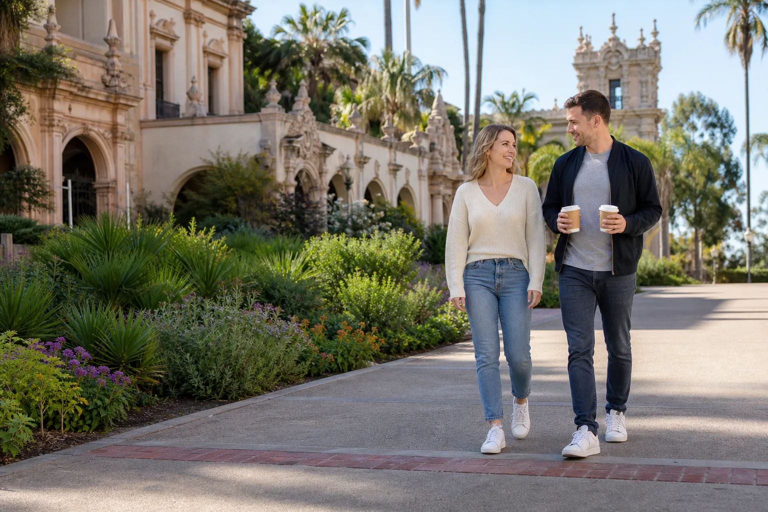 Two adults walking through Balboa Park in San Diego