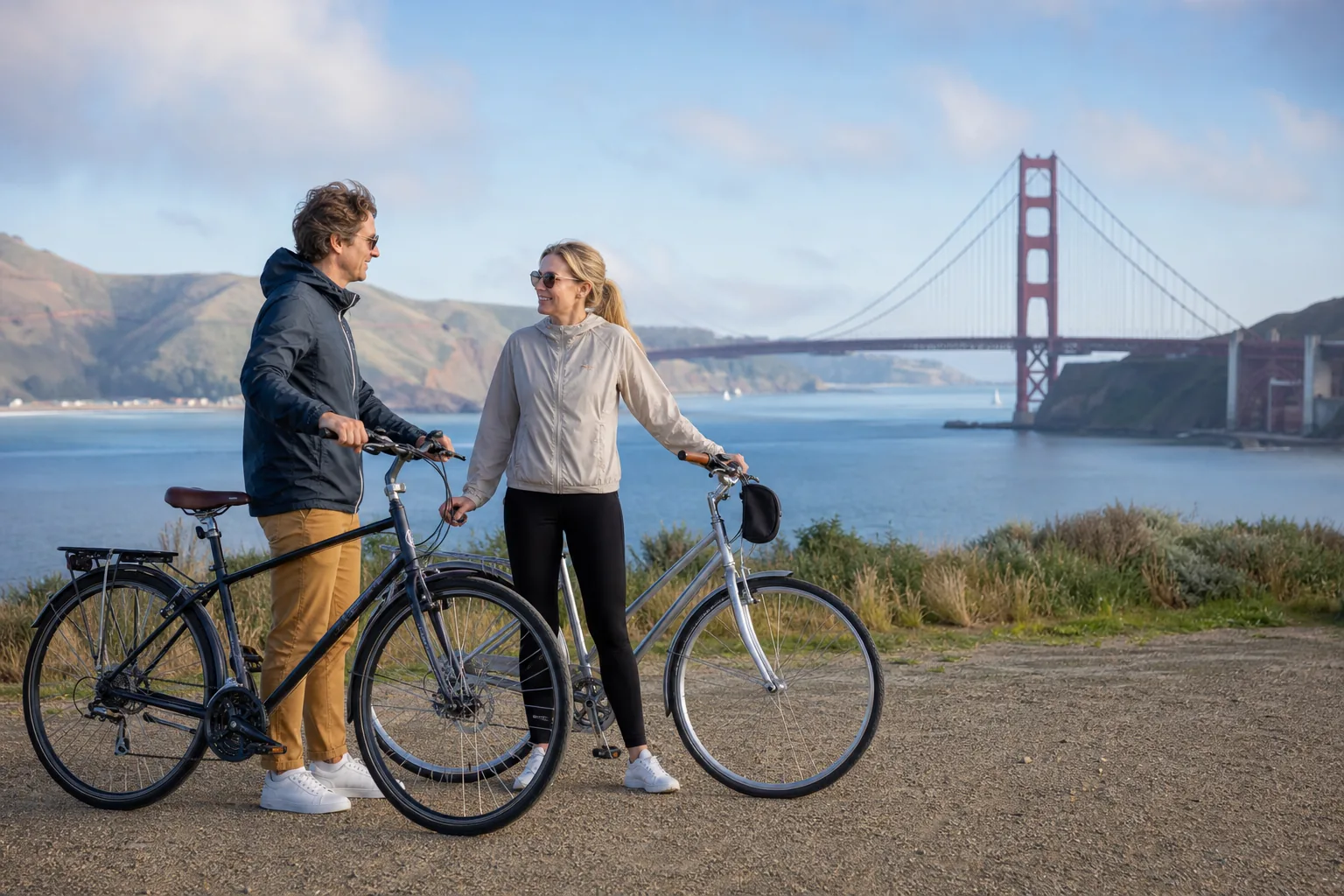 Two adults pausing with bicycles near the Golden Gate Bridge in San Francisco