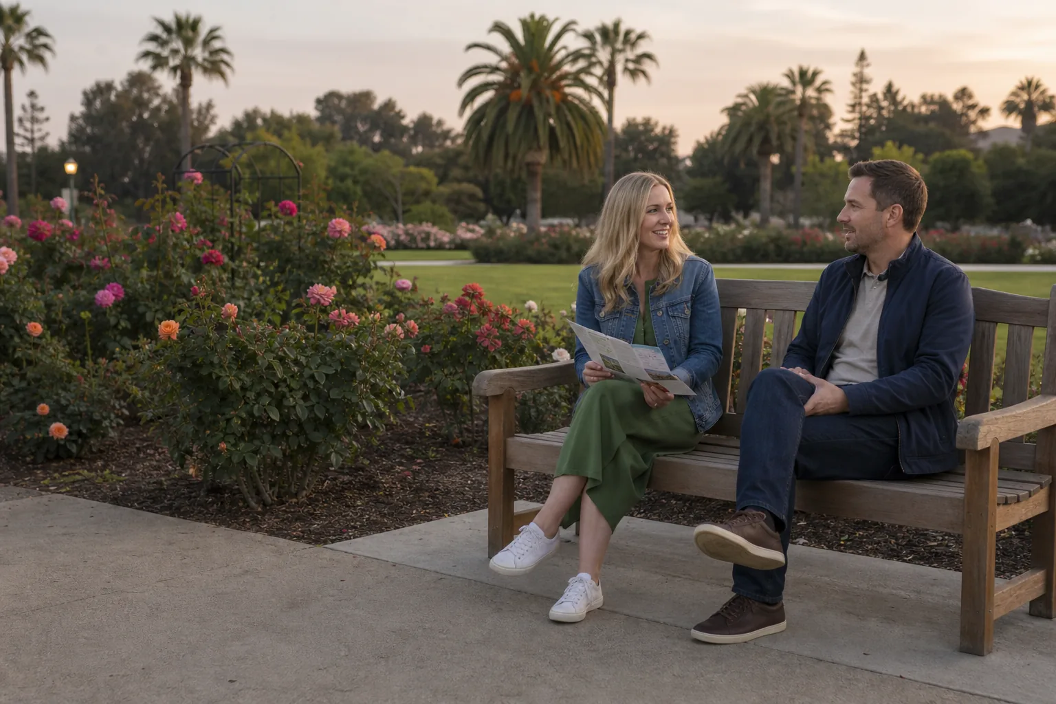 Two adults talking on a bench at the San Jose Municipal Rose Garden